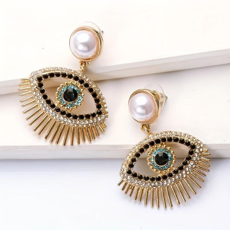 Сережки-підвіски Око з перлиною Evil Eye зі стразами золотисті Podarkus BK1116-G BK1116-G фото