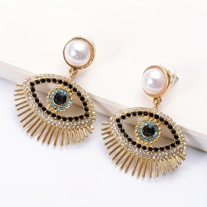 Сережки-підвіски Око з перлиною Evil Eye зі стразами золотисті Podarkus BK1116-G BK1116-G фото